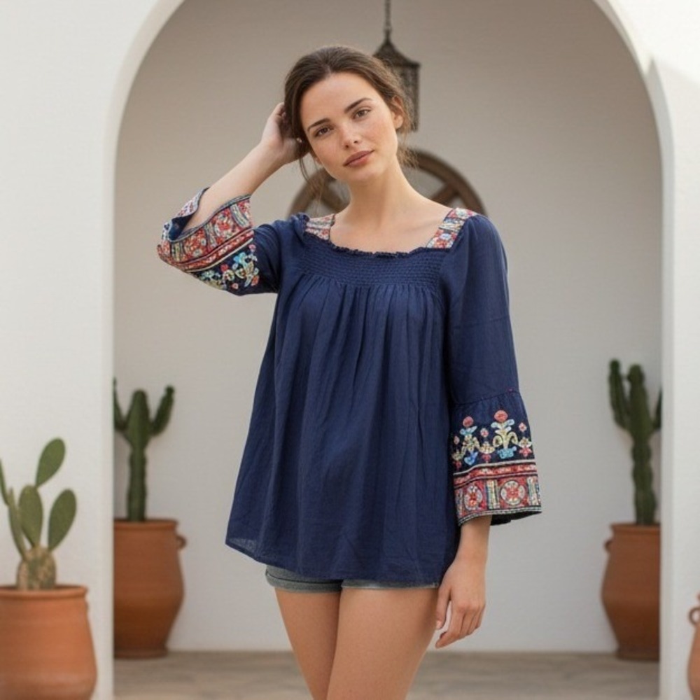 Wrangler‎ M Women's Boho Blouse 3/4 Balloon Sleeve Western Country Shirt Top